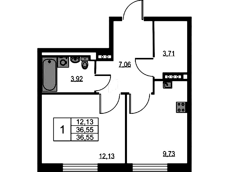 1-комнатная квартира 36.55 м², 4/11 эт., ЖК «Квартал Лаголово»